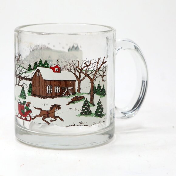 Vintage Libbey Winter Village Glass Coffee Christmas Mug Pine Trees Red Barn 90s - Picture 8 of 8